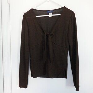lightweight shimmery brown v-neck sweater with tie in front size M